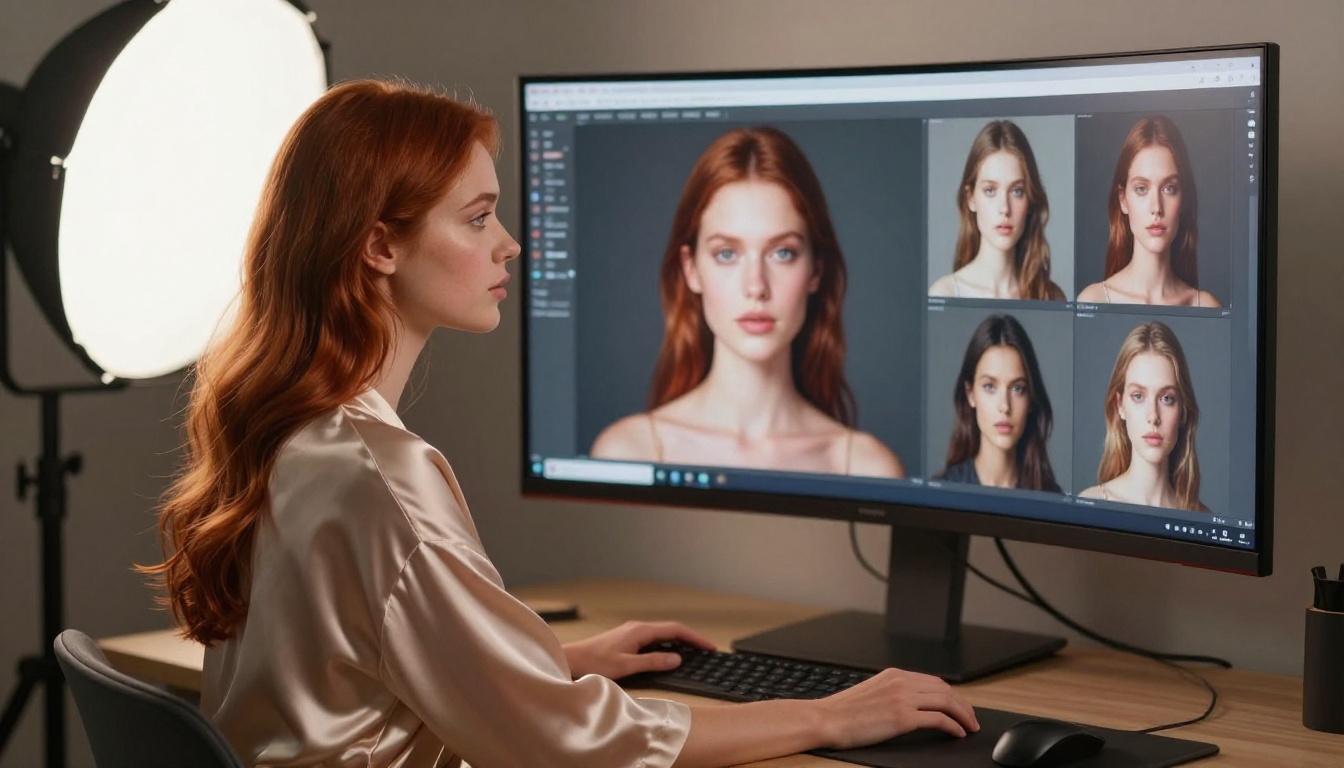 Attractive woman in champagne silk robe at a professional creative workstation, a large curved monitor displaying AI-generated portrait art