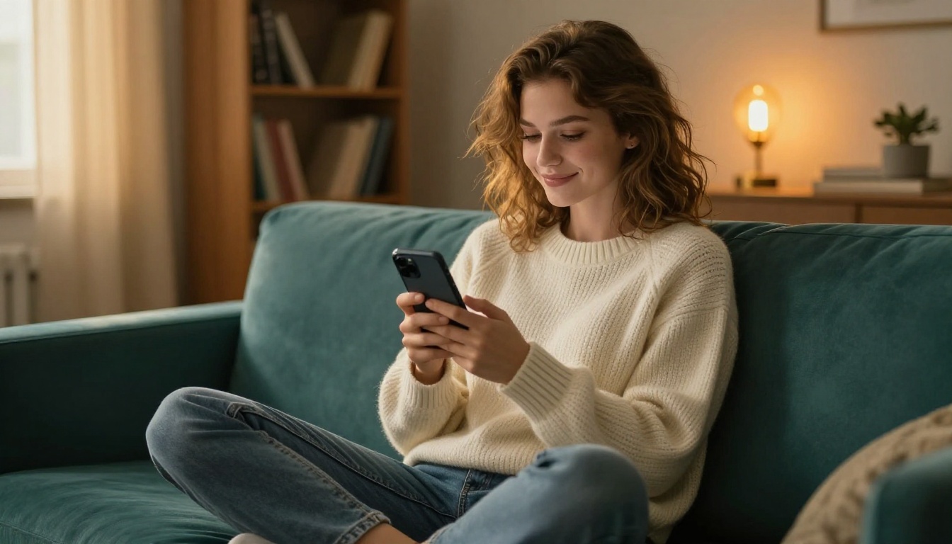 Beautiful woman with tousled light brown hair sitting cross-legged on a teal sofa, holding a phone showing an AI conversation, warm Edison bulb lighting