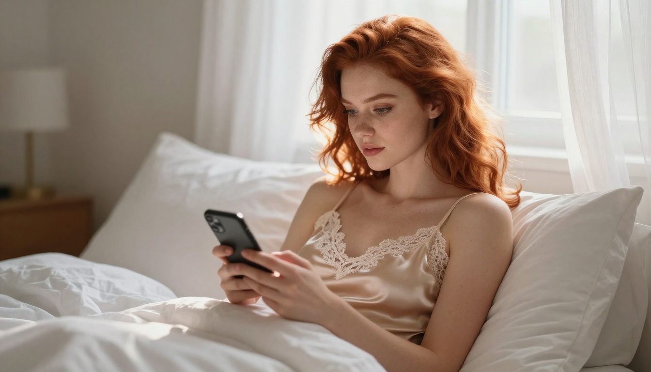 Alluring woman in champagne lace-trimmed satin camisole on white linen bed, soft morning light through sheer white curtains, 85mm telephoto lens