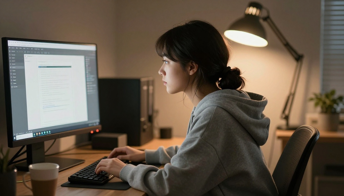 Side profile of woman at a creative workstation with monitor glow illuminating her focused expression, warm LED desk lamp light