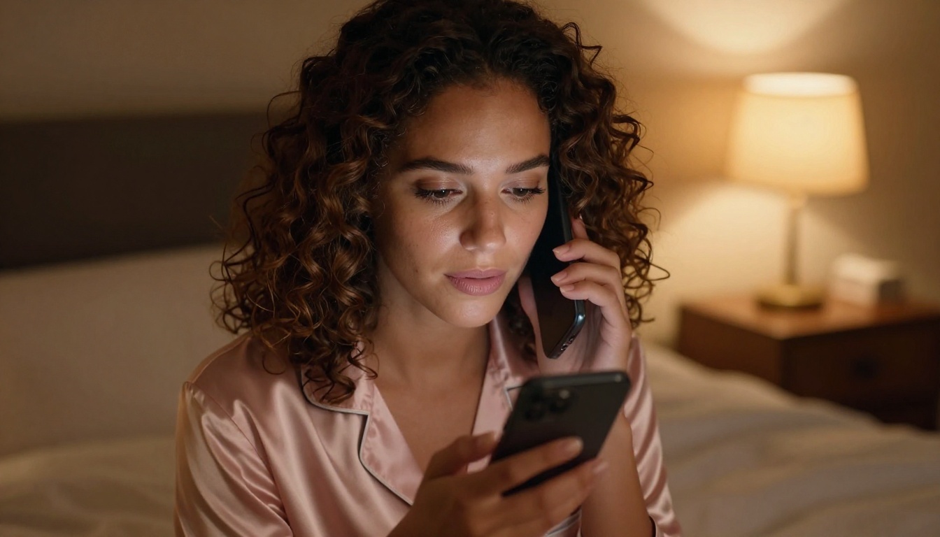 Intimate close-up portrait of beautiful woman with brunette curls in blush satin pajamas, sitting on a bed speaking softly to a phone, warm amber bedside lamp