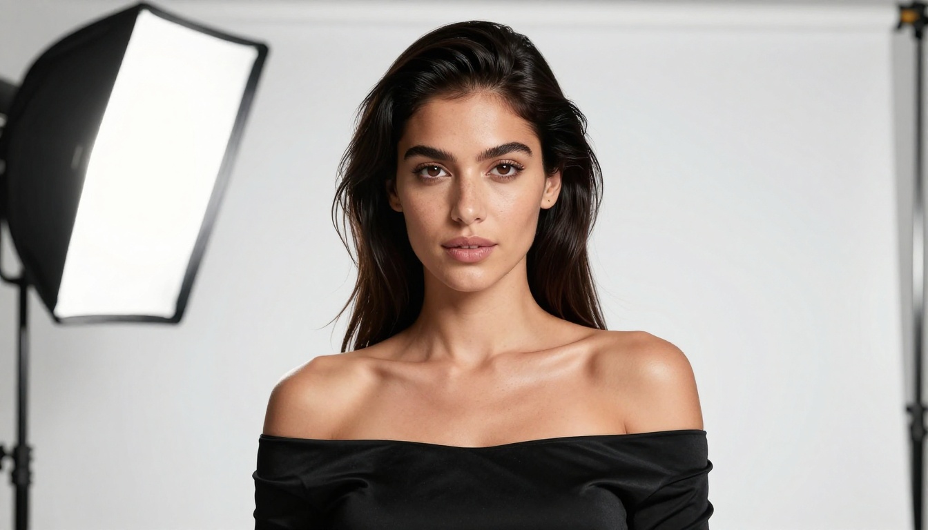 Professional studio portrait of a confident woman with glossy dark hair pulled back elegantly, dramatic studio lighting with key light and rim light