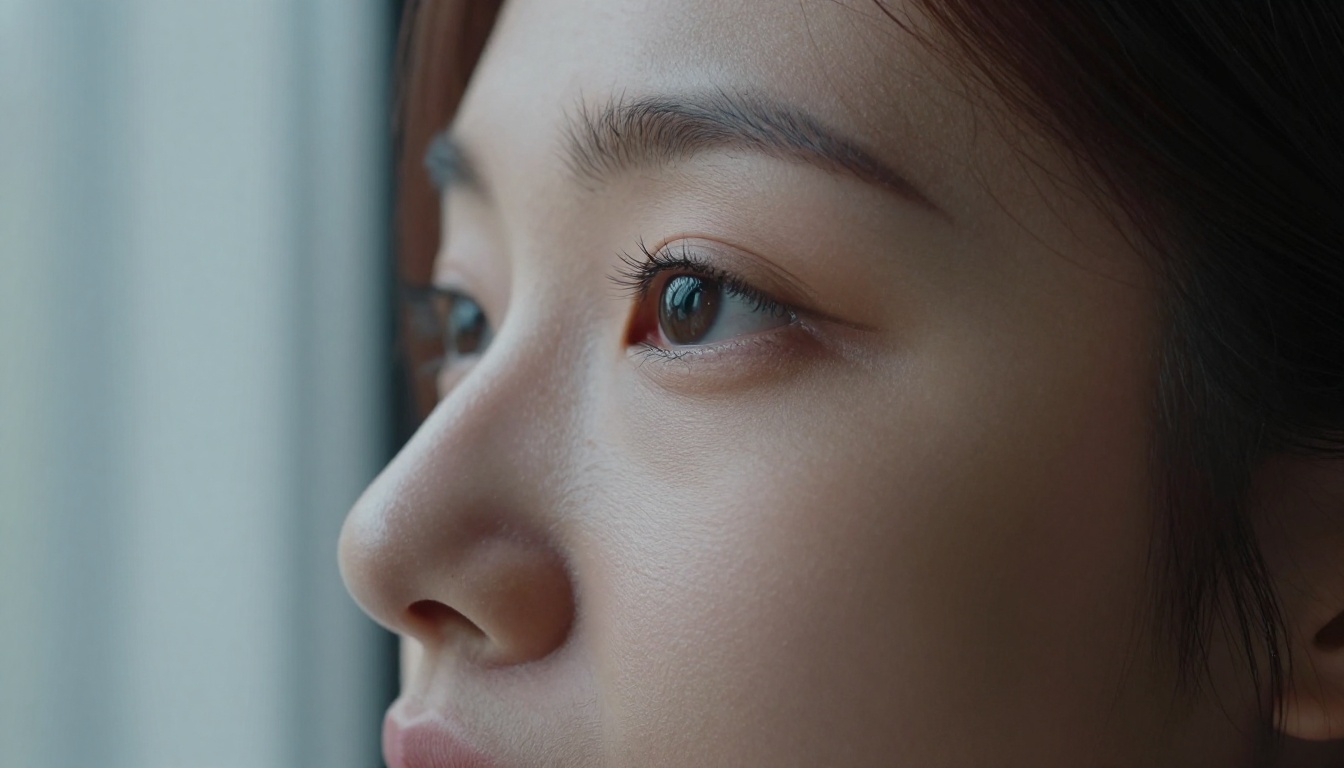 Extreme close-up beauty portrait of a woman in profile, editorial photography, natural light