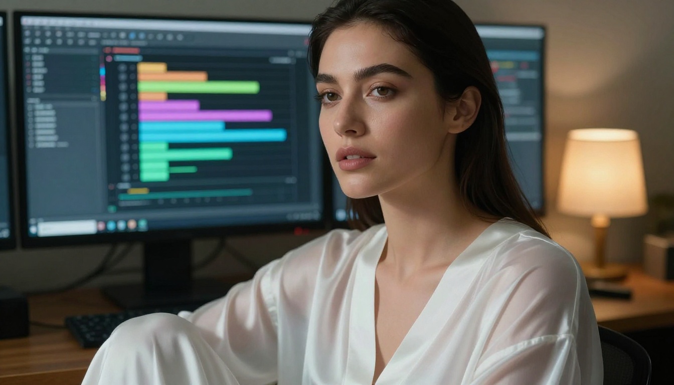 Woman exploring AI content creation tools at a dual monitor setup Woman exploring AI content creation tools at a dual monitor setup