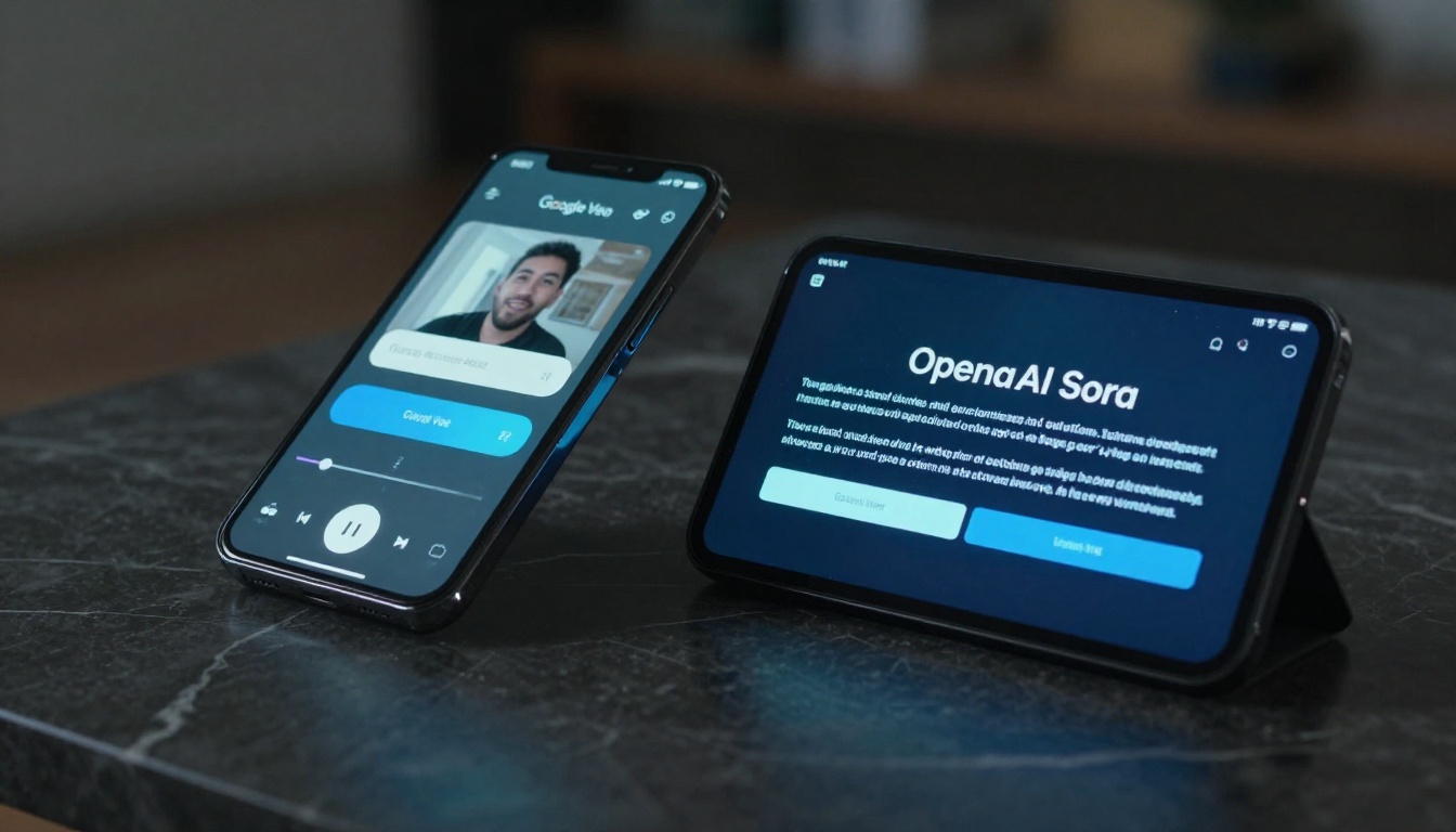 Veo vs Sora interface comparison on smartphone screens side by side Veo vs Sora interface comparison on smartphone screens side by side