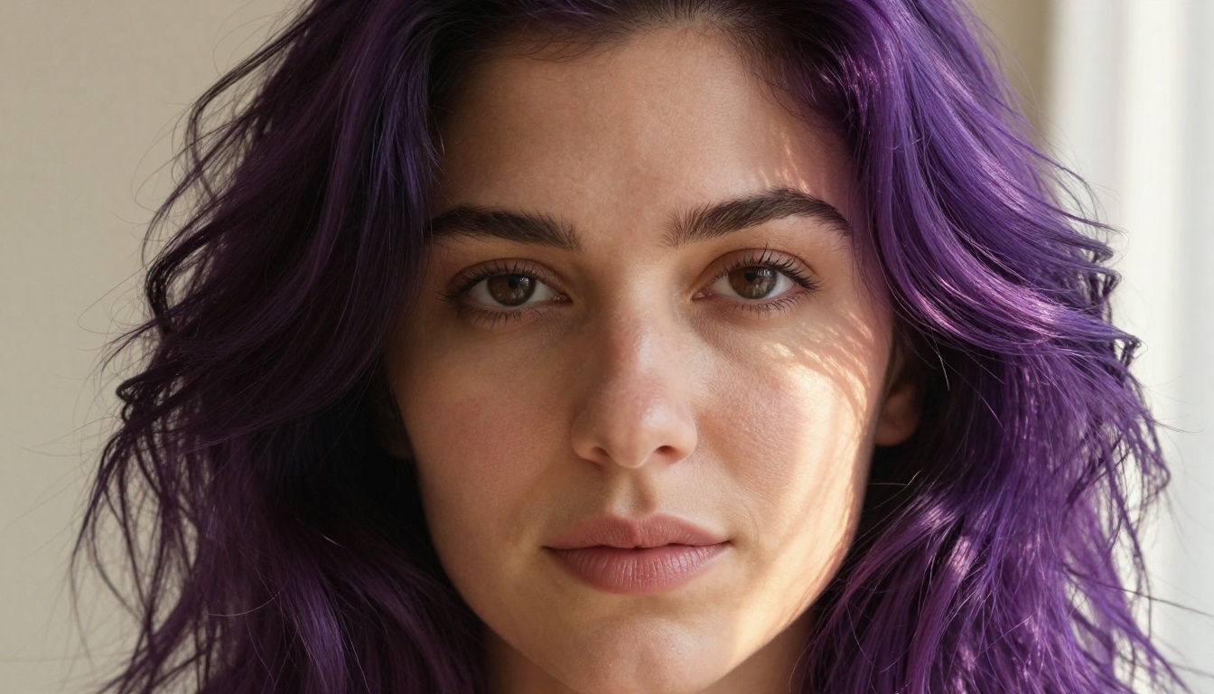 Custom AI companion with vivid violet curly hair, studio portrait, photorealistic