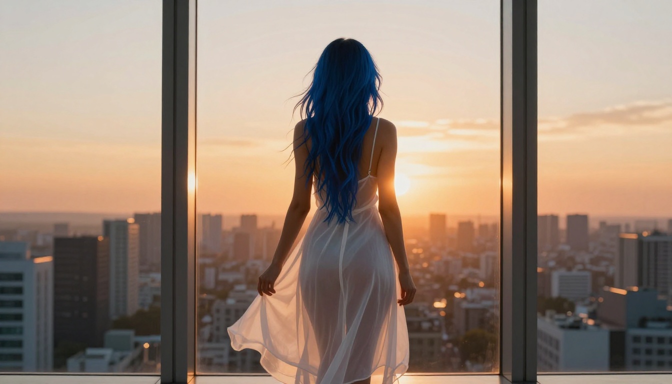 Woman with indigo hair silhouetted against a golden sunset cityscape through a window, cinematic photography
