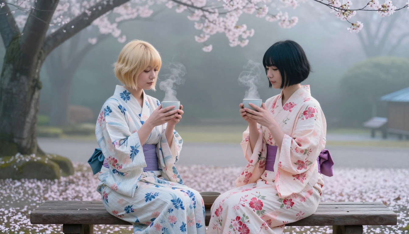Two women in floral yukata robes in a traditional Japanese garden with cherry blossoms, RAW photography