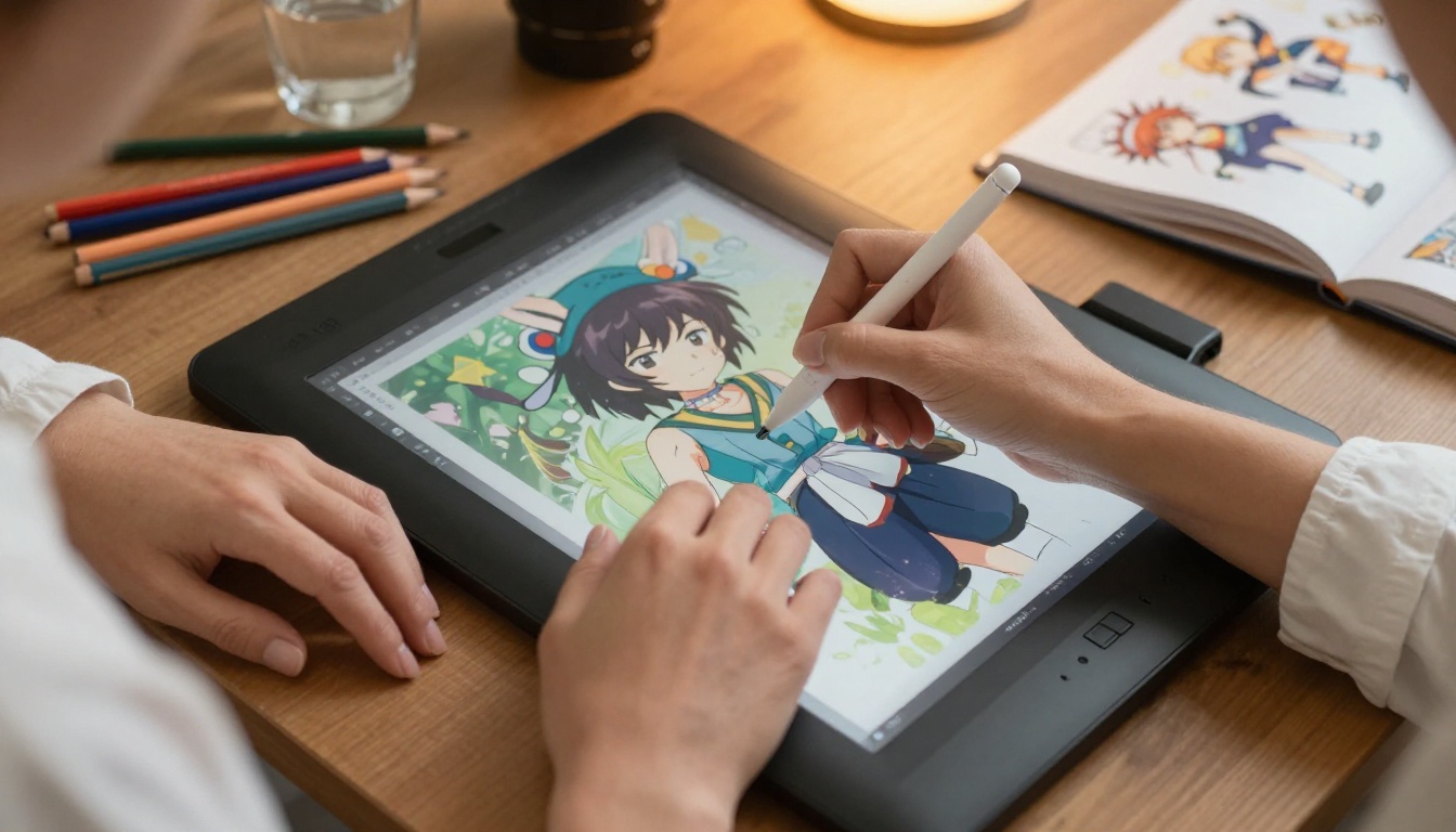 Close-up of hands using a Wacom tablet with anime art on screen, creative studio photography