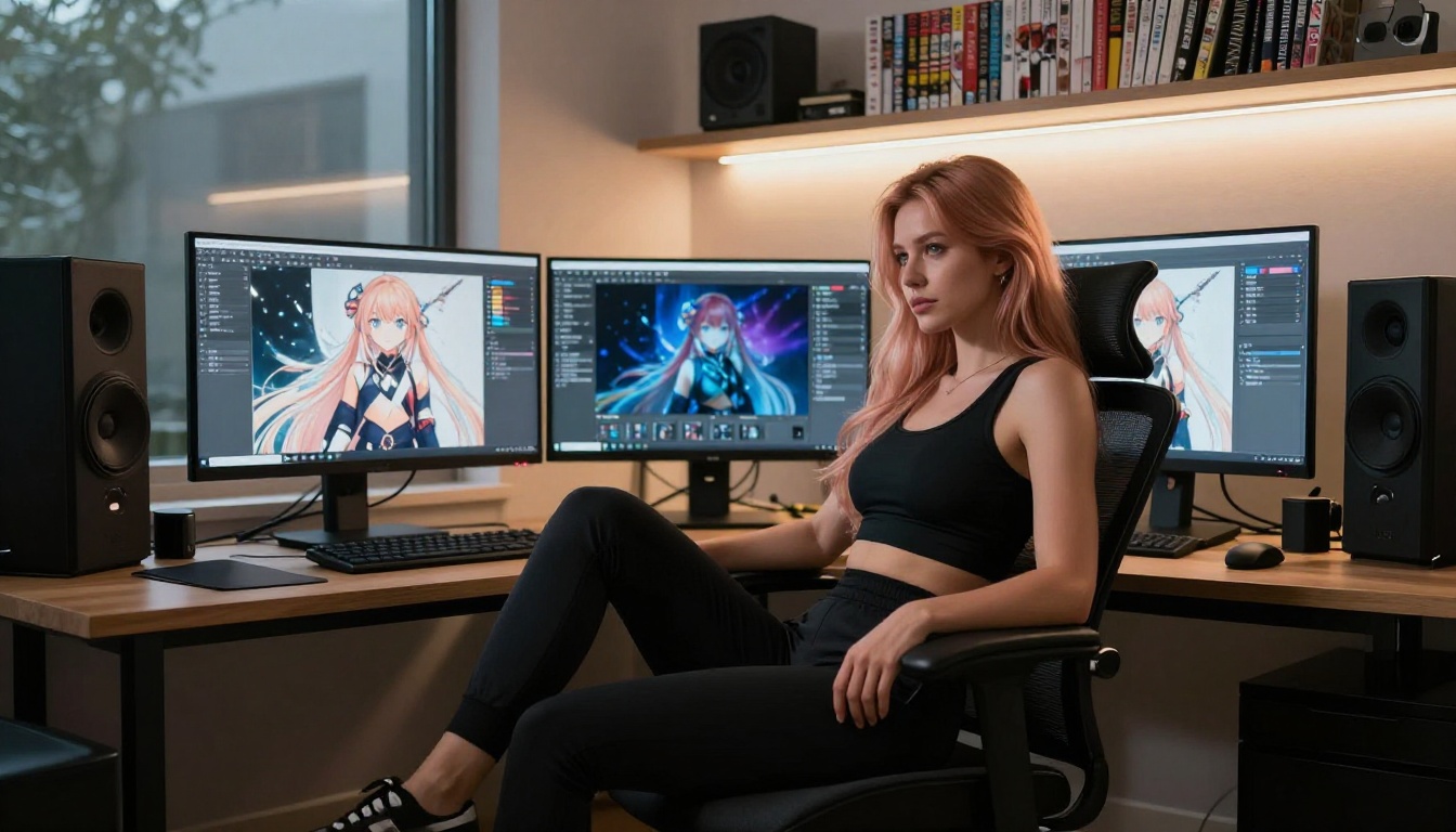 Woman with rose-gold hair at a dual-monitor setup showing AI-generated anime images, photography