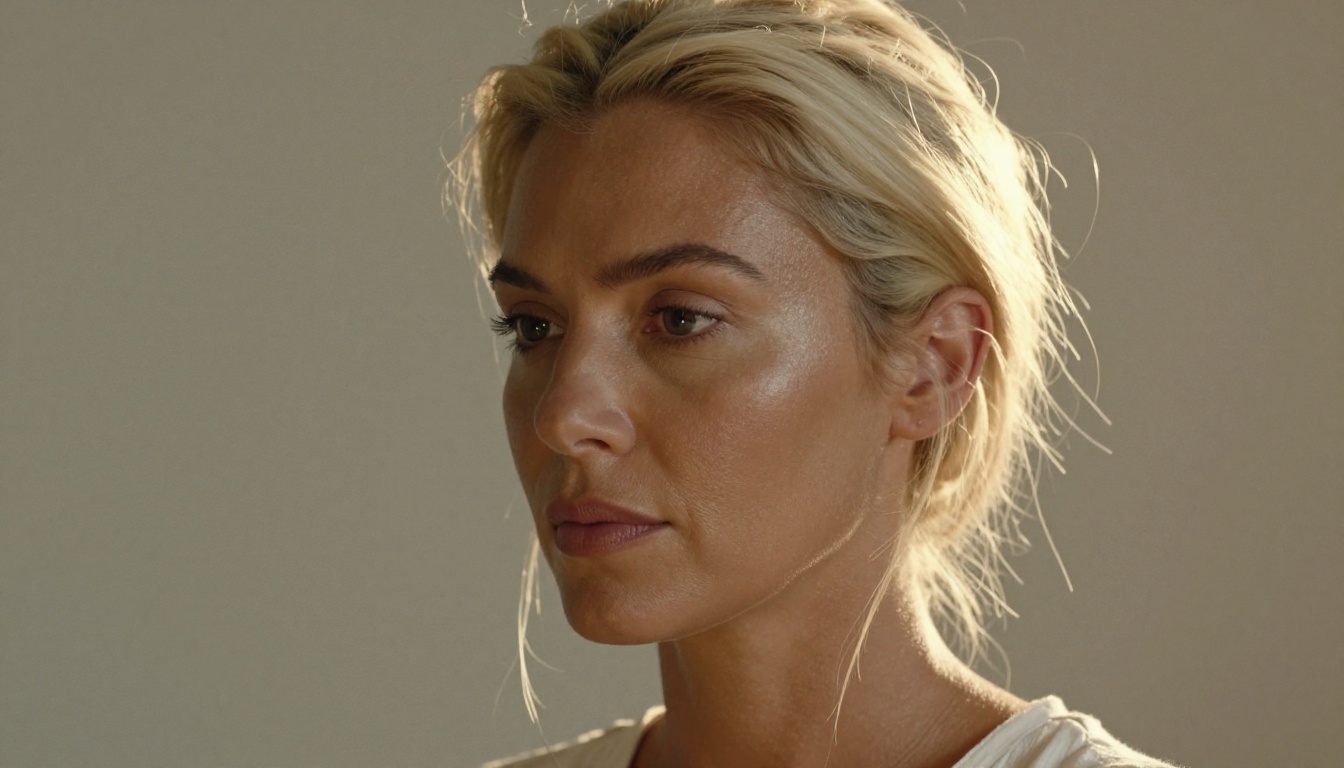 Three-quarter portrait of woman with warm caramel skin and platinum blonde hair in golden hour light