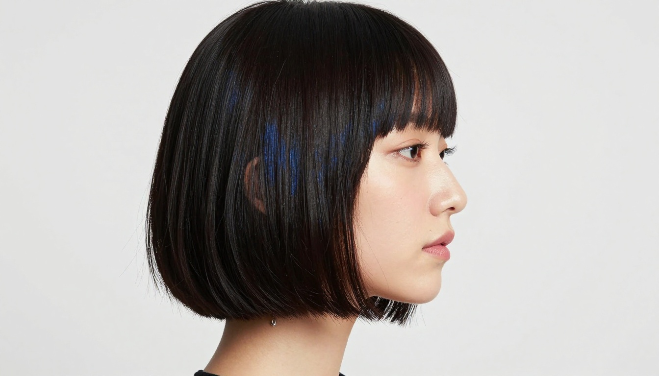 Side profile of woman with jet-black bob, pale ivory skin, studio softbox lighting