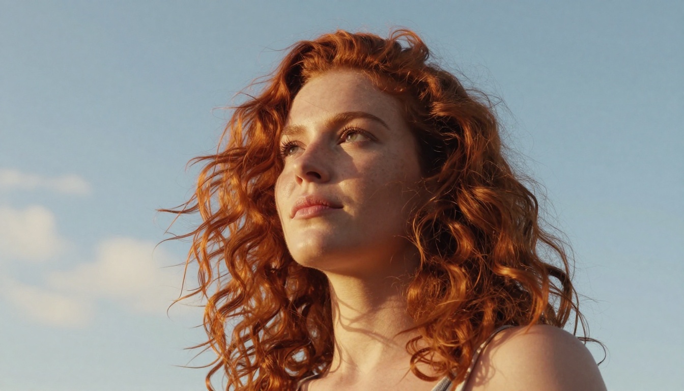 Low-angle outdoor portrait with fiery red curly hair glowing in warm afternoon backlight