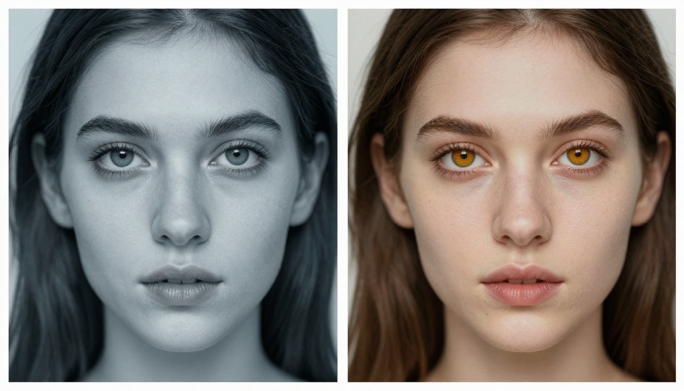Side-by-side portrait showing blue-grey vs amber eyes on the same face, photorealistic iris detail