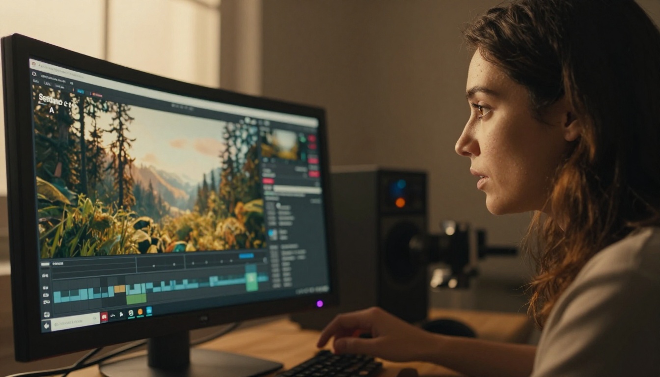Professional AI video production setup with filmmaker reviewing monitor output