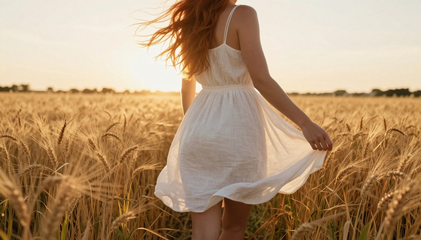 Woman in flowing dress standing in golden wheat field at sunset