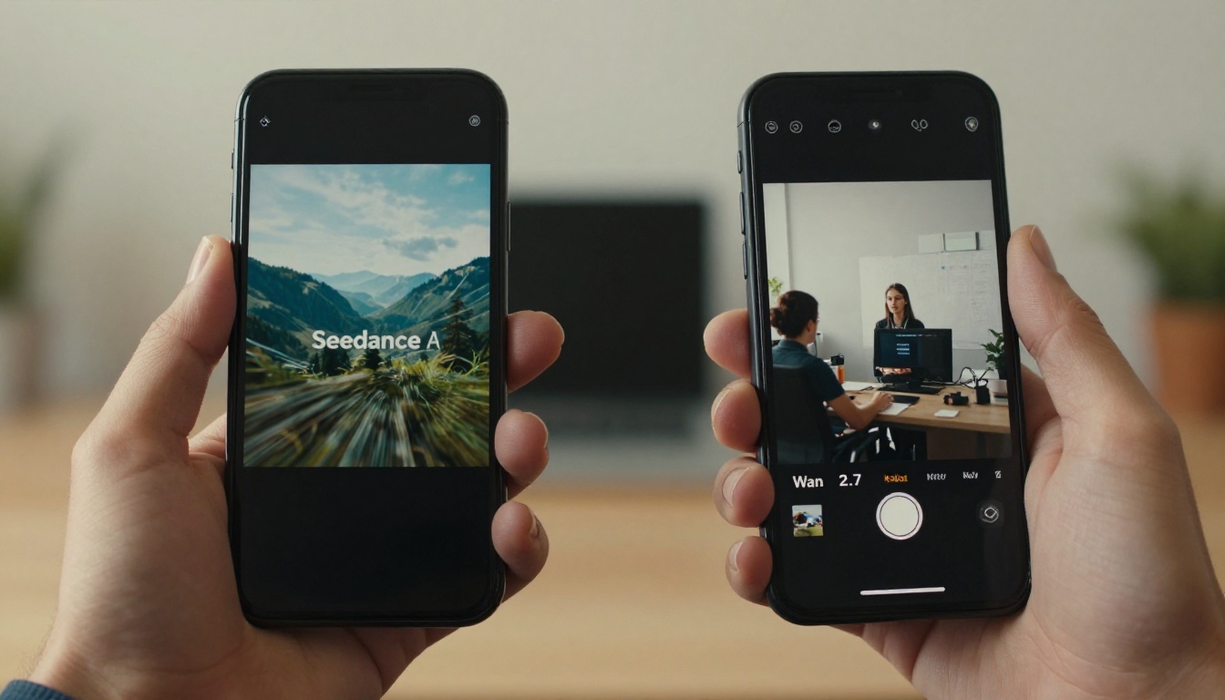 Smartphone screens showing side-by-side AI video output from two different models
