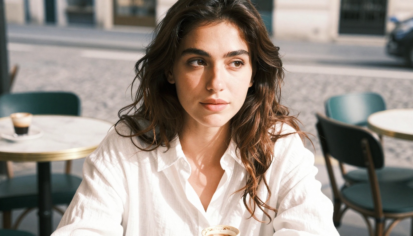 A close-up portrait of a woman at a Paris café, morning light capturing skin pore detail and natural texture