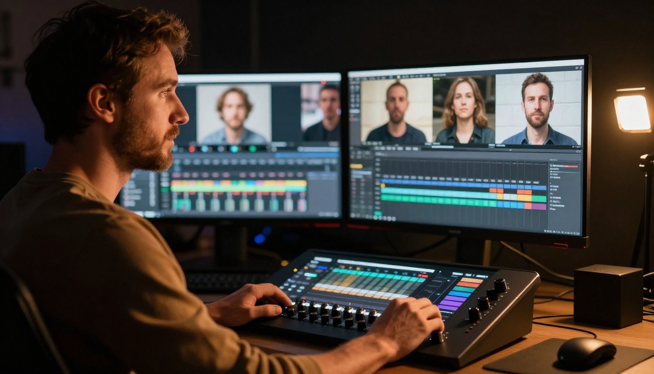 Professional video director at color grading suite reviewing AI video output