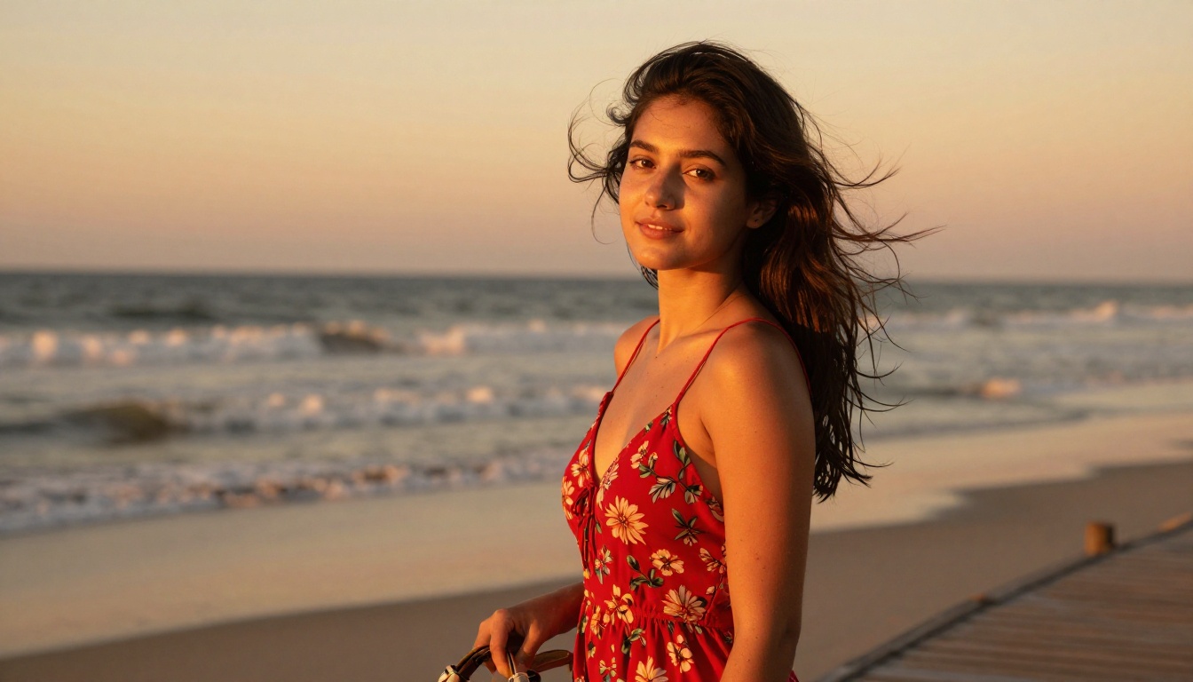 A woman in a red sundress on a beach boardwalk at golden hour, natural rim light and authentic hair movement