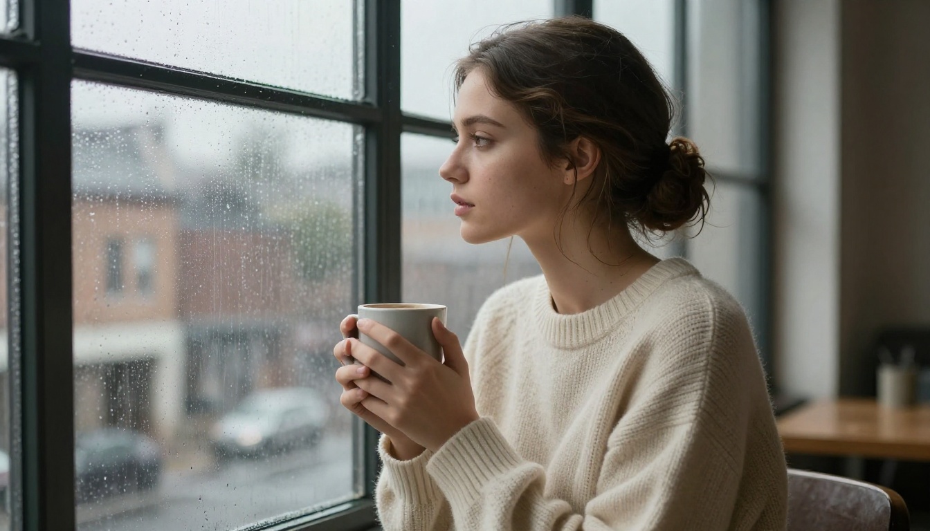 A woman in a rainy window scene holding a coffee cup, cinematic silver-tone grading, overcast diffused light