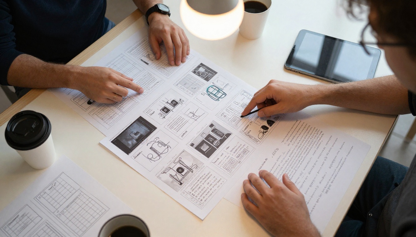 Creative team collaborating over AI video storyboards at a bright production workspace