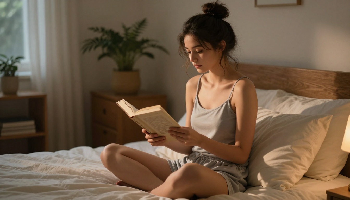A woman sitting on a cream bed in grey pajamas, warm lamp light, intimate lifestyle photography