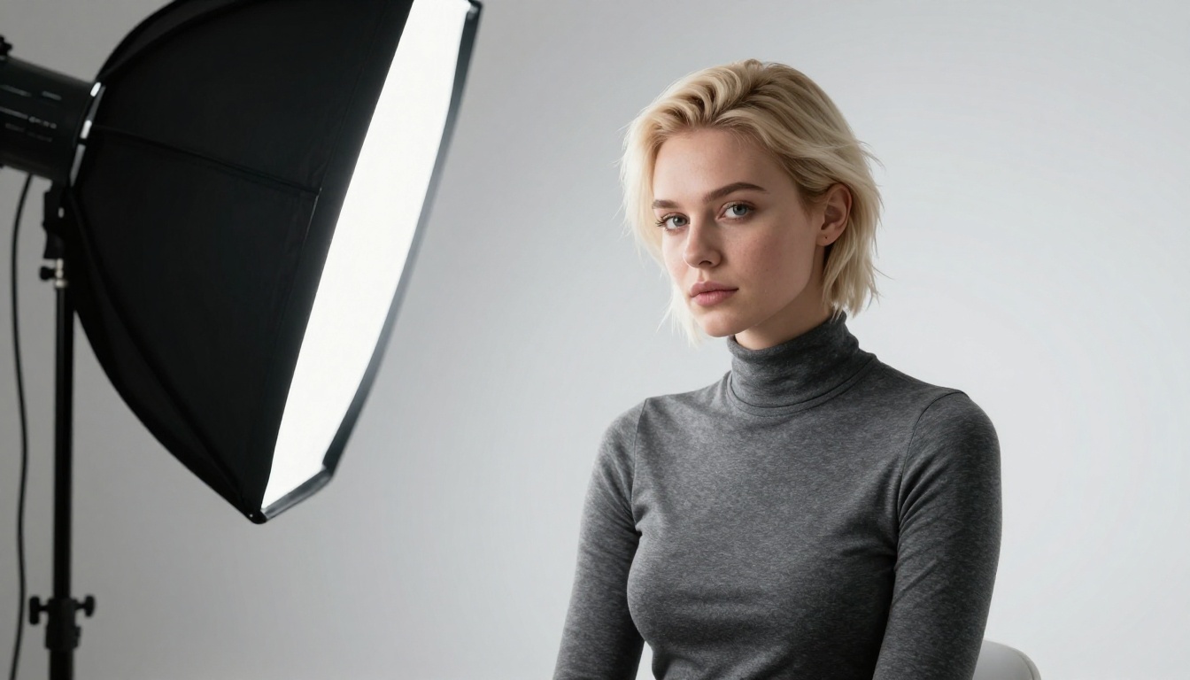 A woman with platinum blonde hair in a professional studio setup, Rembrandt lighting, commercial portrait quality