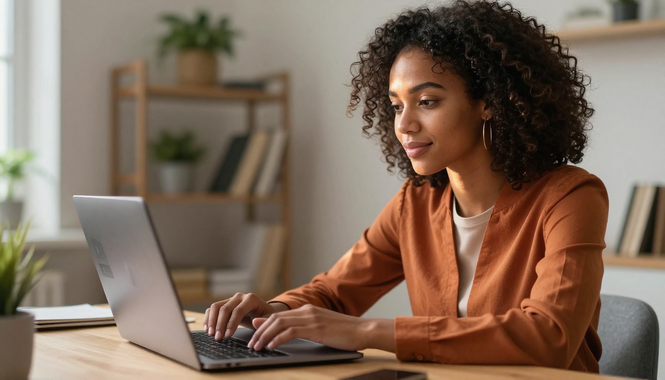 A woman with natural coily hair sitting at a home office desk, directional morning light, authentic professional lifestyle portrait