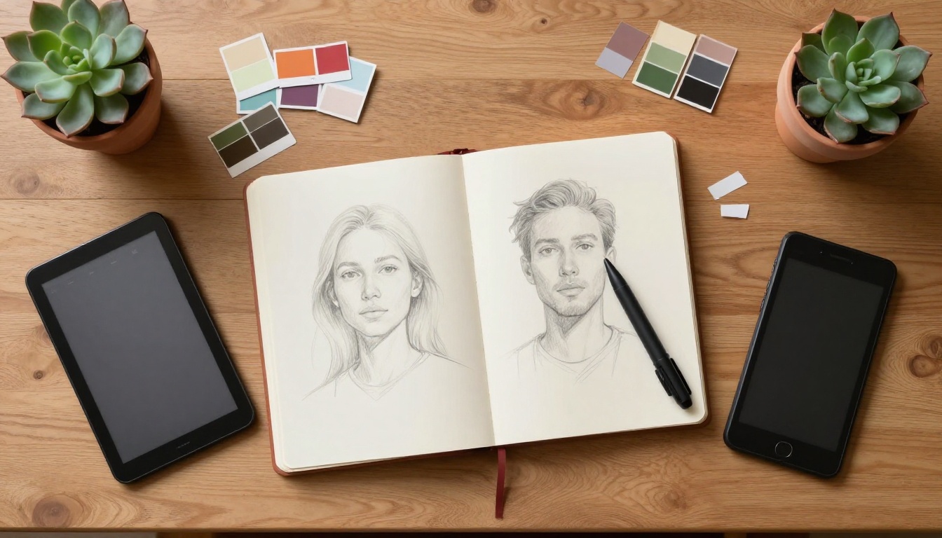 Aerial view of a creative designer's desk with sketches and a drawing tablet