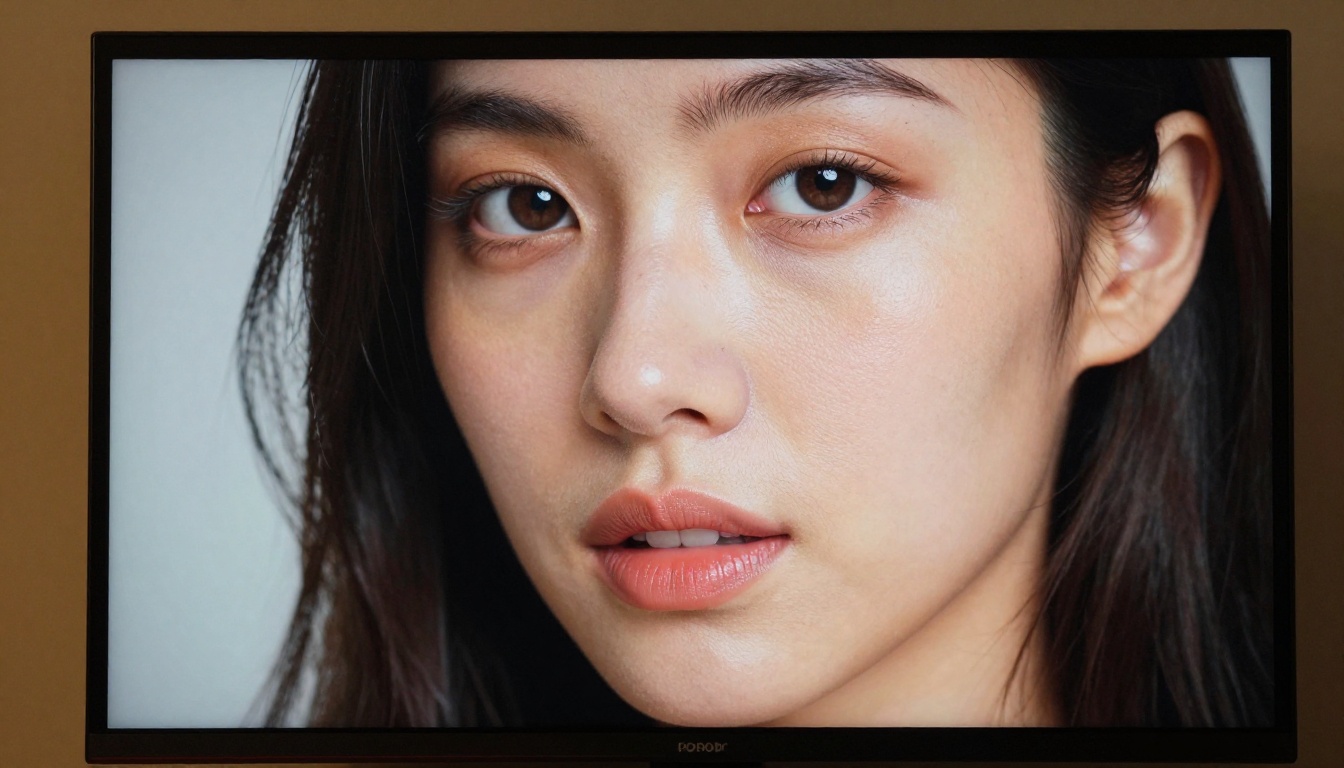 Close-up of a computer monitor displaying a photorealistic AI-generated portrait