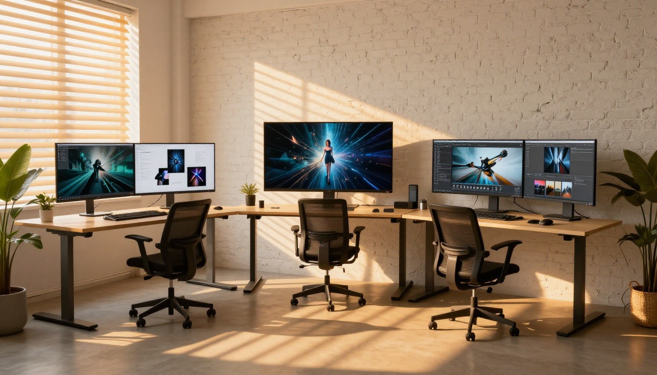A modern creative studio with multiple monitors showing different AI artworks