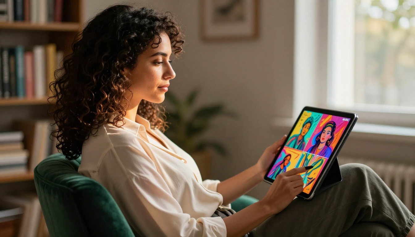 A woman with curly hair sitting in a chair, reviewing AI art on a tablet