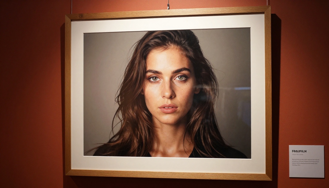 A large framed AI-generated portrait print hanging on a terracotta gallery wall