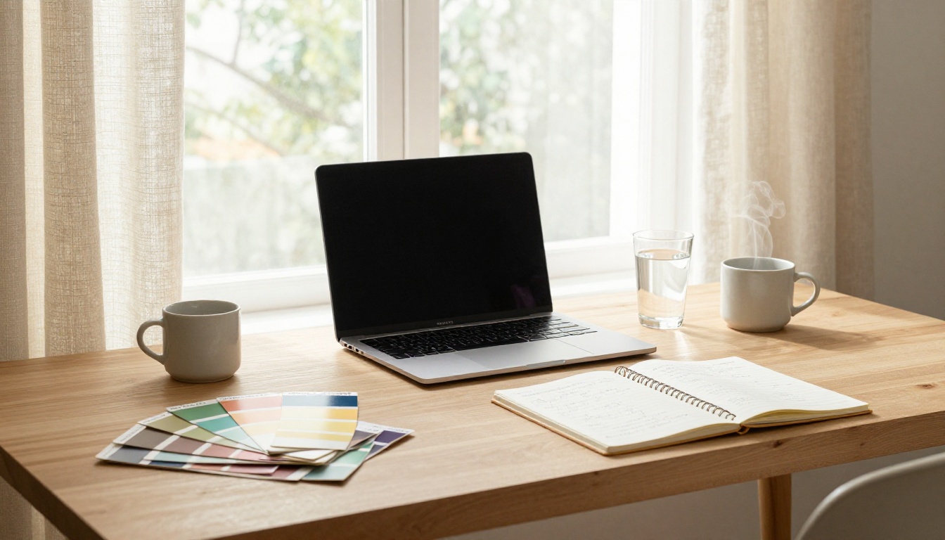 A clean desk workspace with notebook, coffee, and color swatches in morning light
