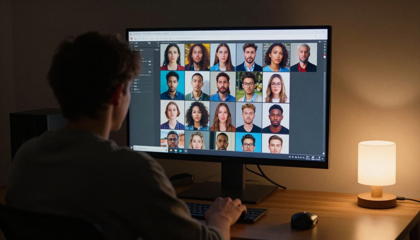 A person reviewing a gallery of AI-generated portraits on a large widescreen monitor