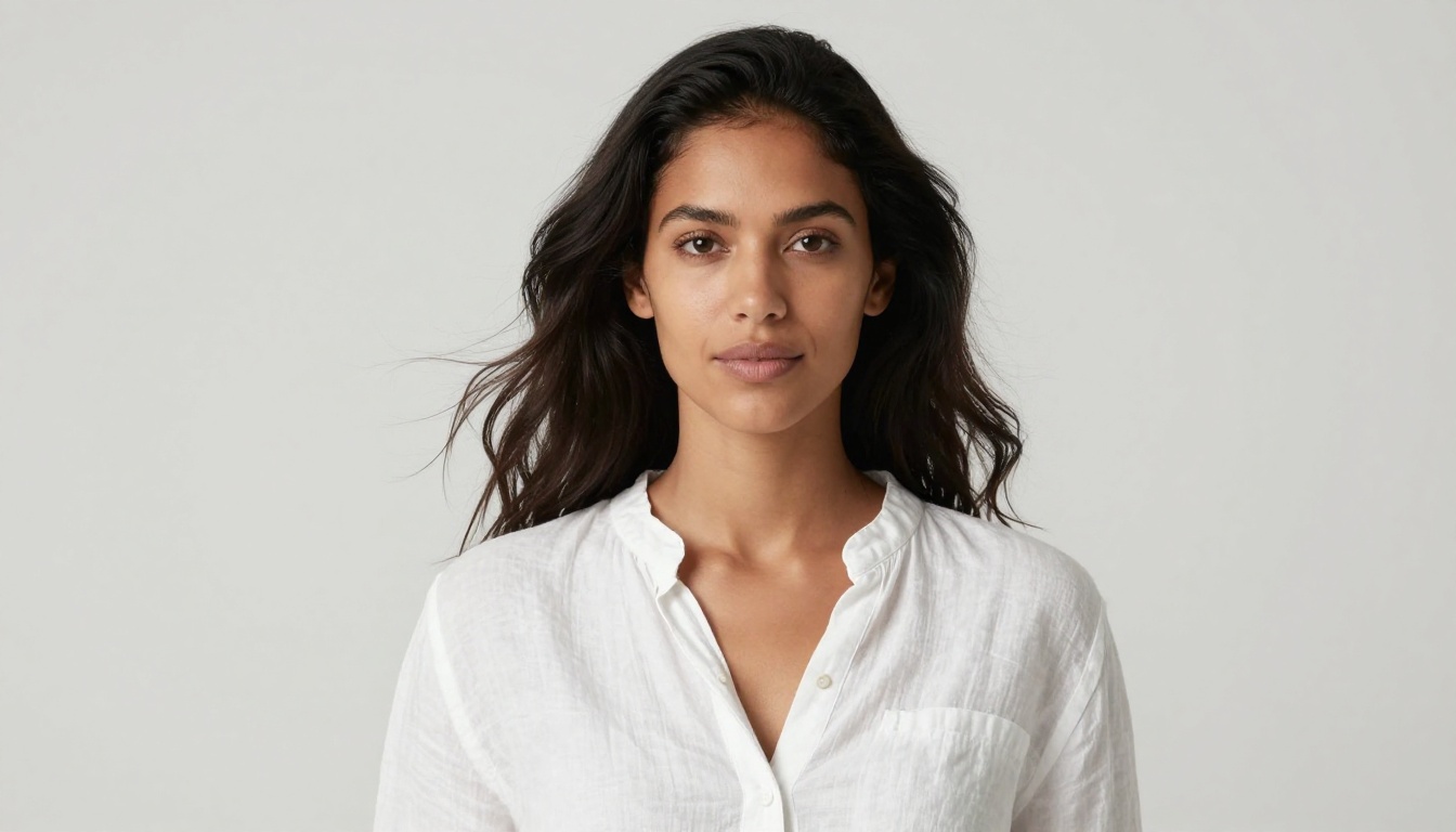 A confident woman with dark hair in a white linen shirt, natural studio lighting portrait