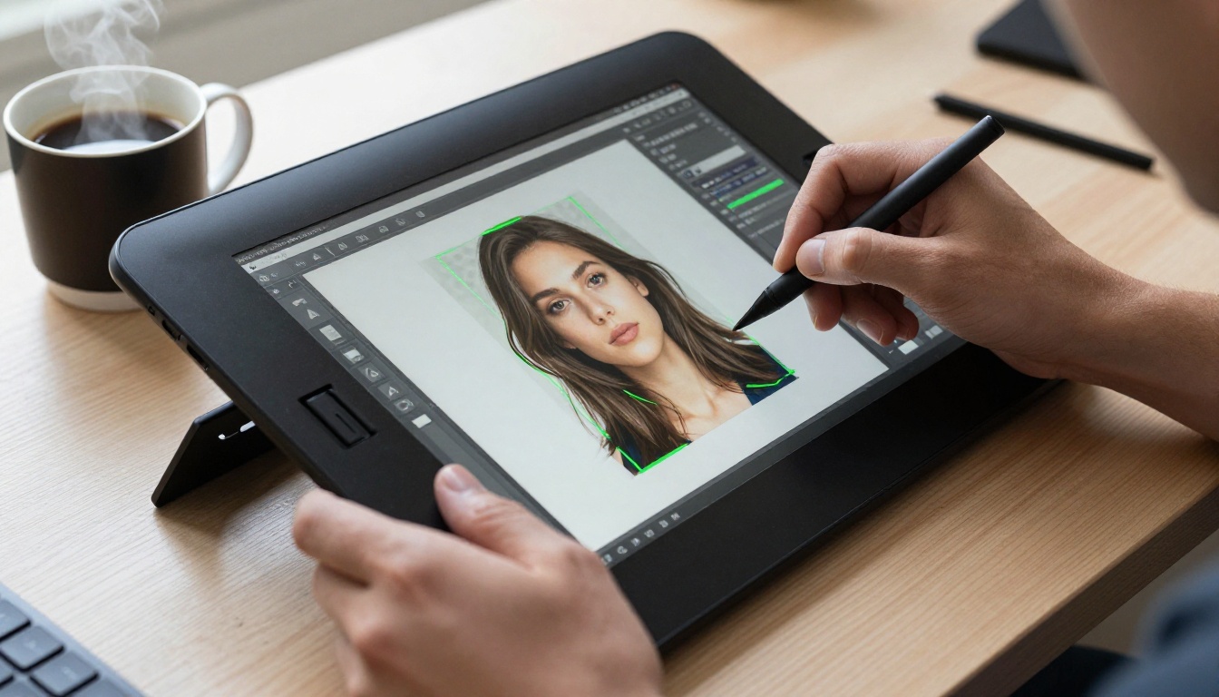 Close-up of hands using tablet for AI background removal