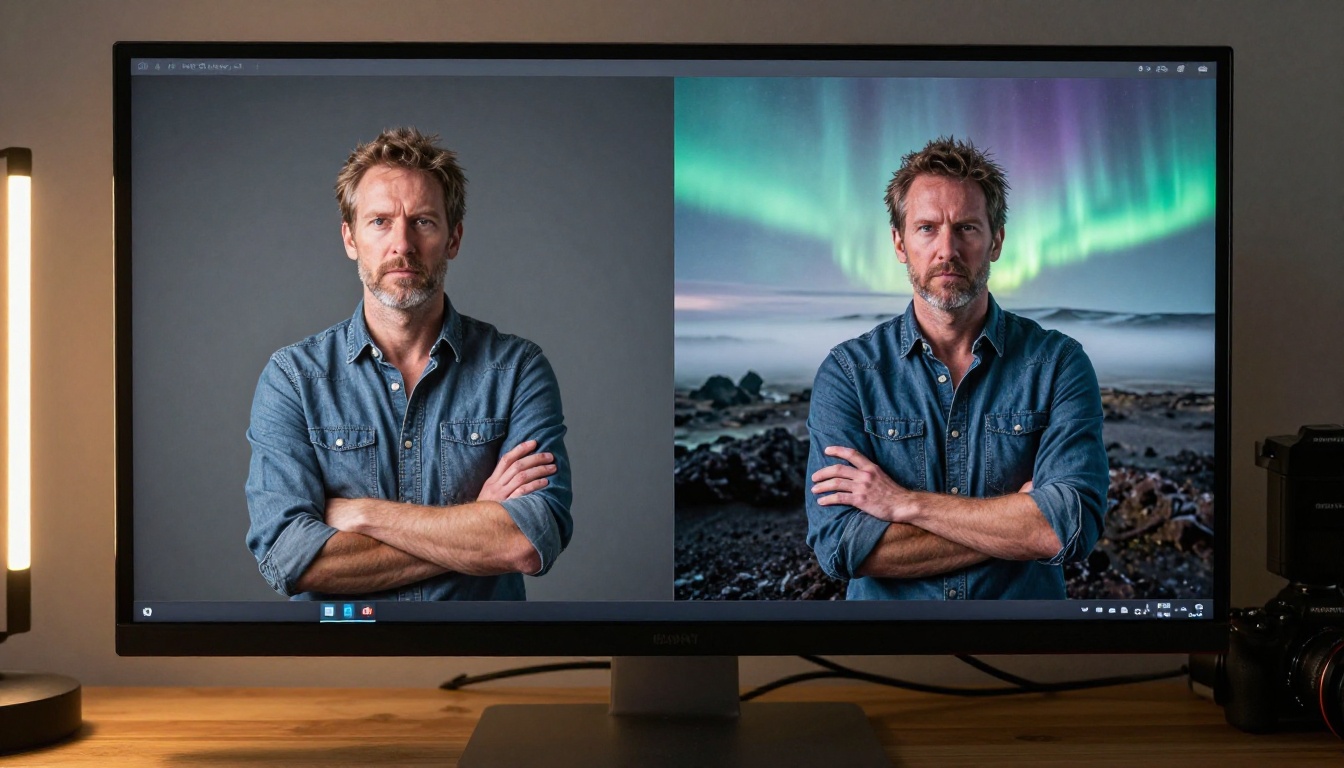 Designer reviewing background swap results on a large monitor