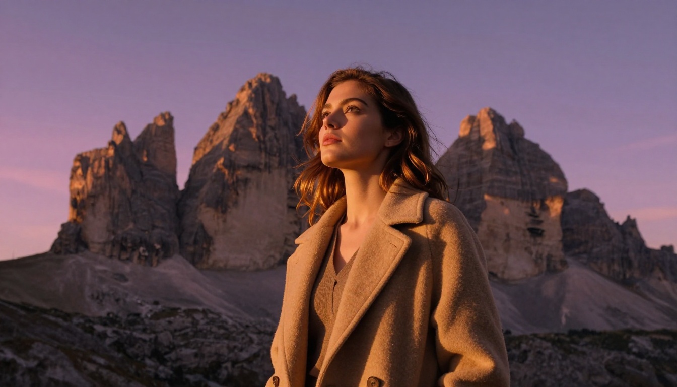 Low-angle portrait seamlessly composited onto mountain sunset