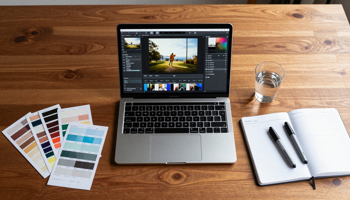 Aerial flat lay of creative desk with AI editing tools