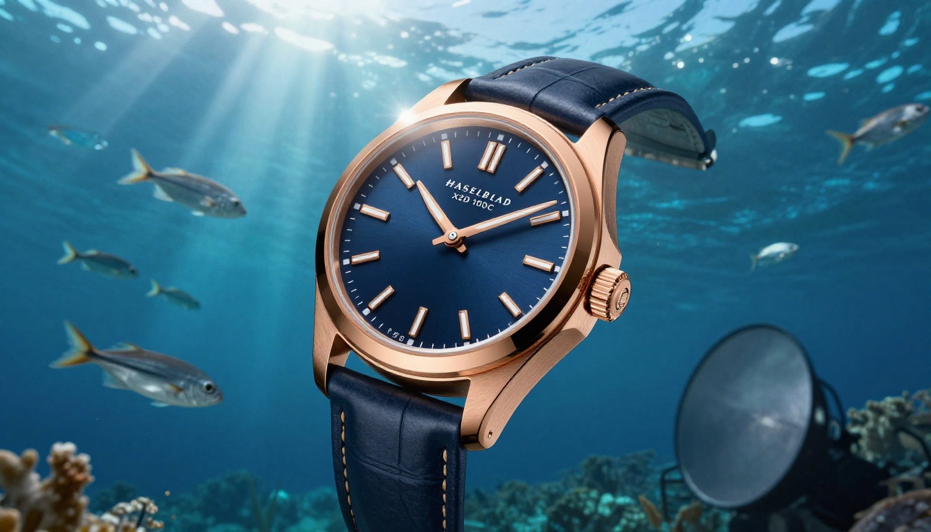 Luxury watch composited onto underwater ocean background