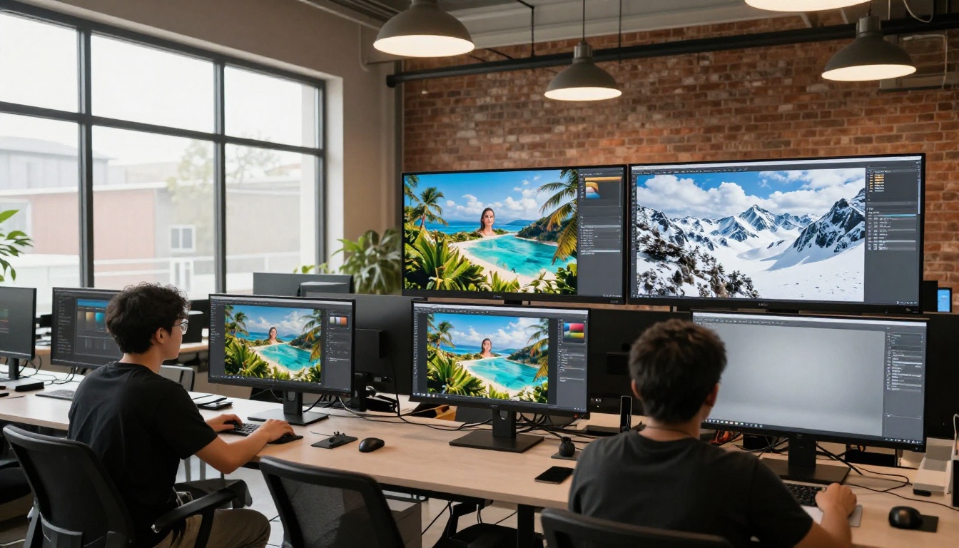 Wide creative studio with multiple monitors showing background swap stages