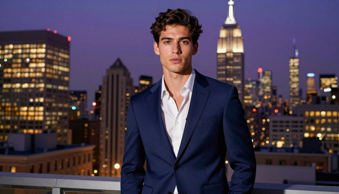 Male model composited onto New York City rooftop background