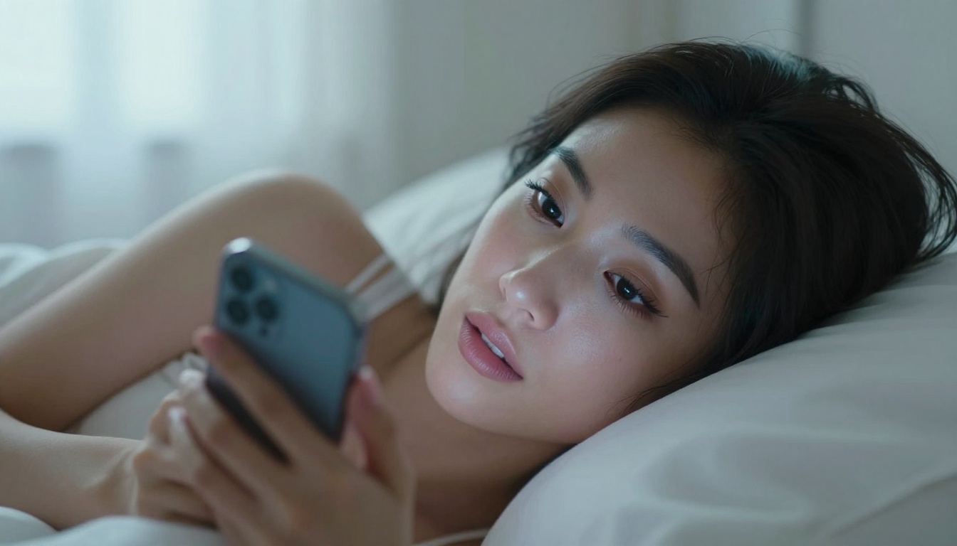 Beautiful woman with dark hair lying on white silk sheets, soft blue screen glow illuminating her face, morning light from sheer curtains