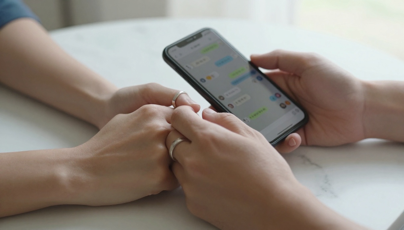 Two partners' hands intertwined on white marble, one holding a phone showing colorful chat bubbles, wedding bands visible, macro shot with shallow depth of field