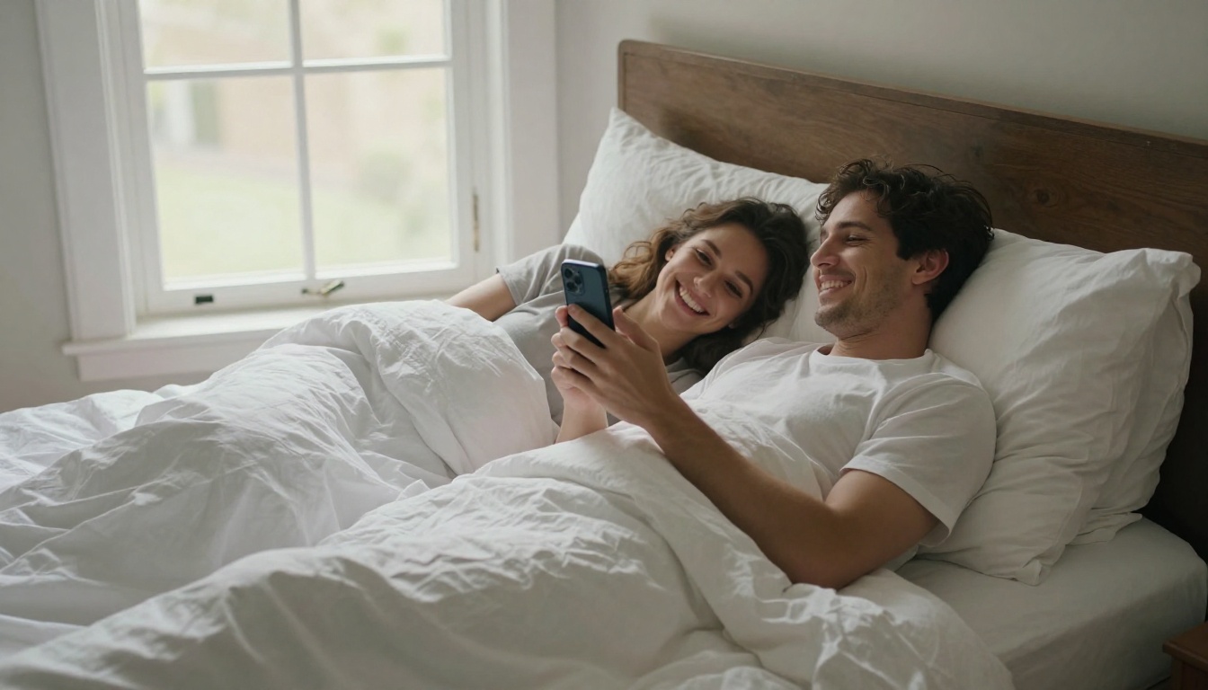 Couple lying in bed in early soft morning light, one partner holding phone toward the other who laughs naturally, white linen sheets, warm intimate atmosphere