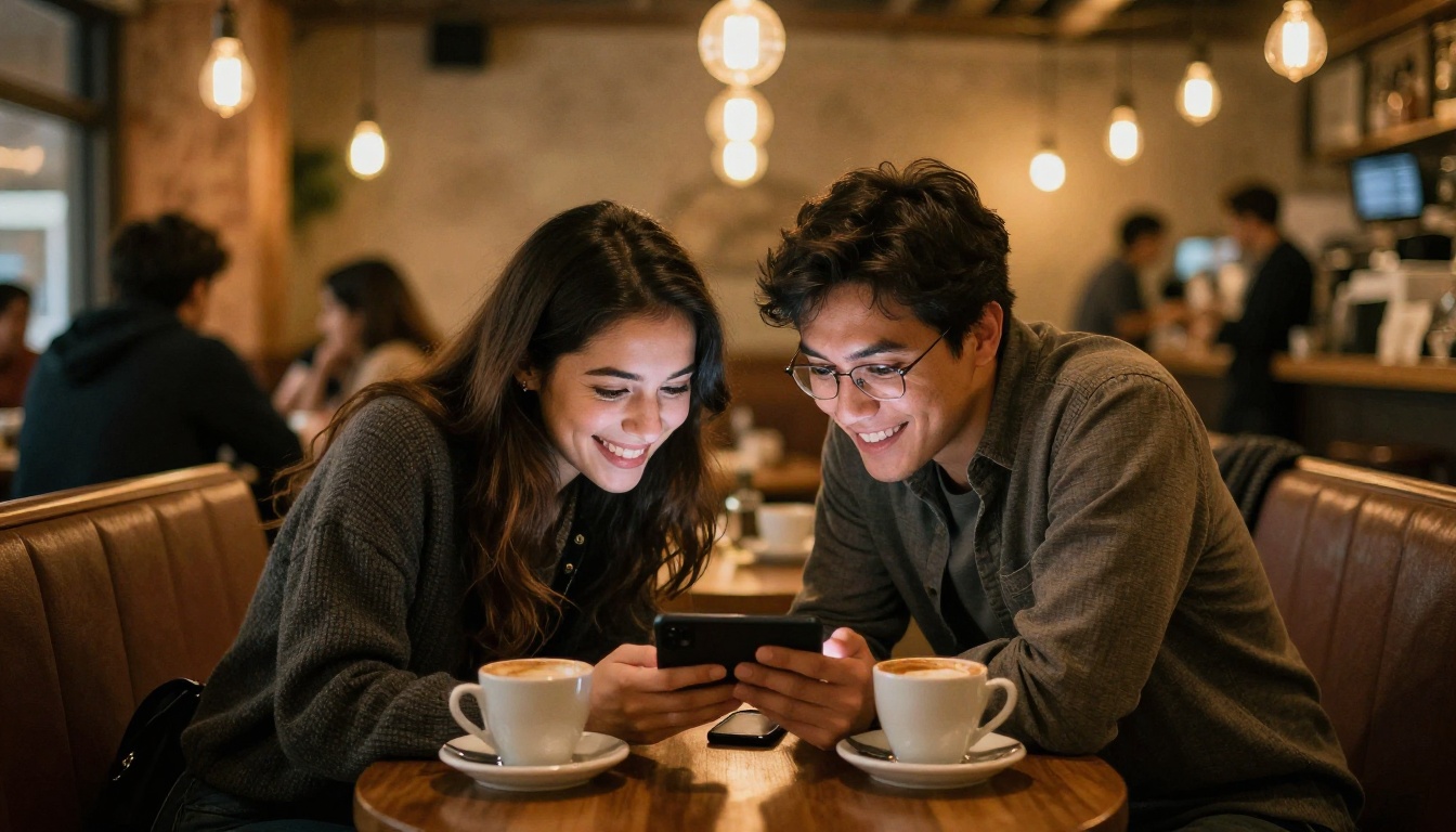 Couple sitting face to face in a cozy coffee shop booth, leaning forward with phones visible on the table, sharing something amusing on screen with genuine smiles, warm Edison bulb light
