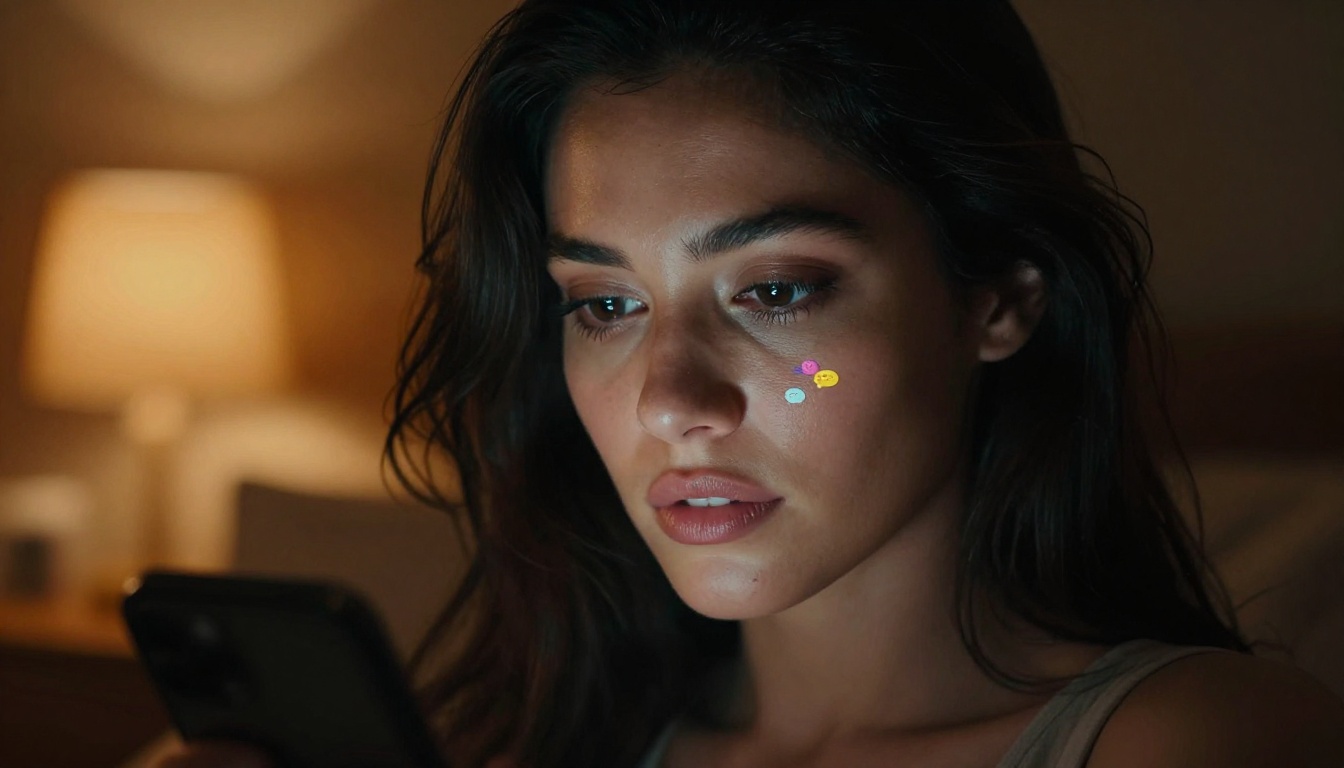 Dramatic close-up portrait of a woman's face illuminated by smartphone screen glow in a dark bedroom, warm amber lamp creating deep contoured shadows, colorful chat bubbles reflected in her eyes