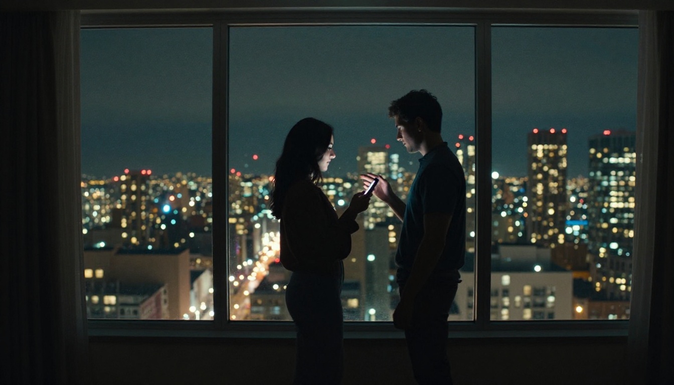 Two silhouettes of a romantic couple standing at a floor-to-ceiling window at night, city lights sparkling far below, one partner showing the other their phone screen, cinematic ambient glow